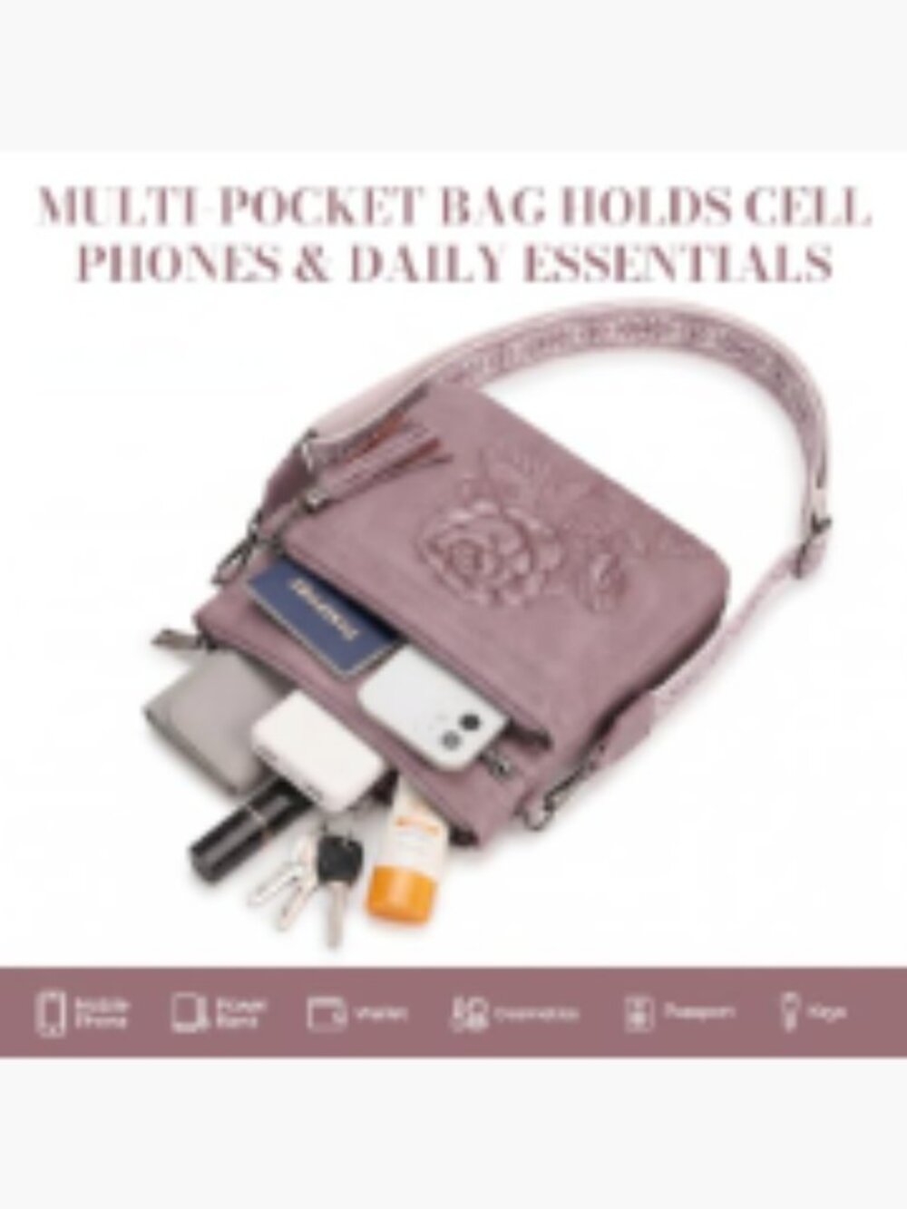 Vegan Leather Crossbody Purse Floral Embossed Multi-Pocket Adjustable Wide Strap - Picture 4 of 7
